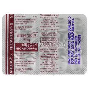 ニカルディア Nicardia, アダラート ジェネリック, ニフェジピン 10mg カプセル (J.B Chemicals) 包装裏面