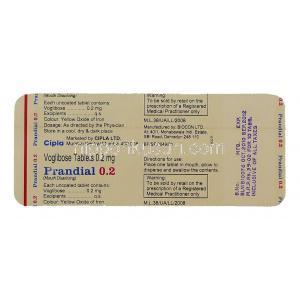 プランディアル Prandial, ベイスン ジェネリック, ボグリボース 0.2mg 錠 (Cipla) 包装裏面