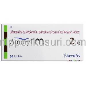 アマリルM Amaryl M, ゾリルM ジェネリック, メトホルミン/グリメピリド配合 500mg / 2mg 錠 (Sanofi Aventis) 箱