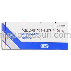 アセクロフェナク, Hifenac, 100mg 錠 (Intas) 箱