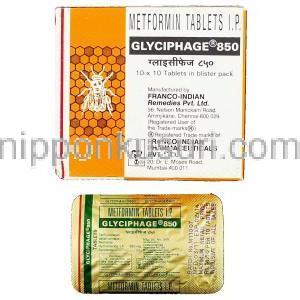 メトホルミン （ジェネリック グルコファージ）Glyciphage,  850mg 錠 (Franco-Indian)