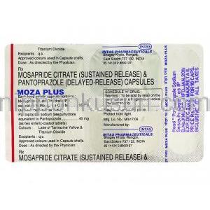 モザ プラス Moza Plus, モサプリド / パントプラゾール, Moza Plus, 15mg/ 40mg カプセル （Intas） 包装裏面