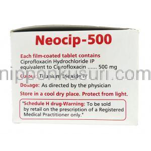 ネオシップ Neocip, シプロキサン ジェネリック, シプロフロキサシン 500mg 錠 (Cpla) 箱側面