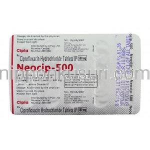 ネオシップ Neocip, シプロキサン ジェネリック, シプロフロキサシン 500mg 錠 (Cpla) 包装裏面