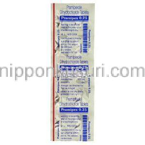 プラミペックス Pramipex, ビ・シフロールジェネリック, プラミペキソール 0.25mg 錠 (Sun Pharma) 包装