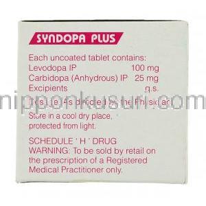 シンンドーパ・プラス Syndoopa Plus, レボドパ・カルビドパ・配合100mg/25mg 錠 (Sun Phrma) 箱裏面