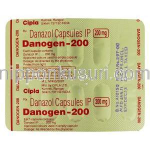 ダノジェン Danogen,  ダノクリン ジェネリック,  ダイナゾール 200mg カプセル (Cipla) 包装裏面