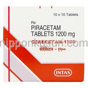 セレセタム Cerecetam, ミオカーム ジェネリック, ピラセタム 1,200mg 錠 (Intas) 箱