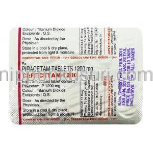 セレセタム Cerecetam, ミオカーム ジェネリック, ピラセタム 1,200mg 錠 (Intas) 包装裏面