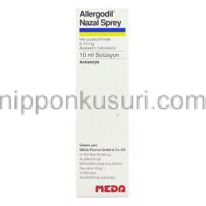 アレルゴディル Allergodil, アゼラスチン140mcg 鼻スプレー (Meda Pharam) 箱裏面