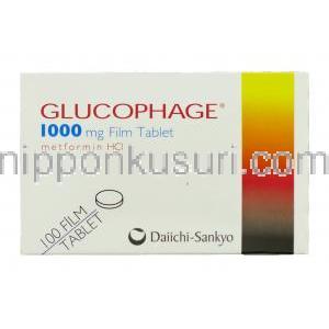 グルコファージ Glucophage, メトホルミン 1,000mg 錠 (ロシェ社) 箱