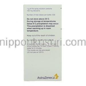キシロカイン Xylocaine,  リドカイン 10ml x 50ml ポンプスプレー （アストラゼネカ社） 成分・保存方