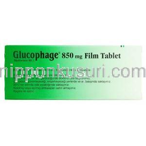 グルコファージ Glucophage, メトホルミン 850mg 錠 (ロシェ社) 箱裏面