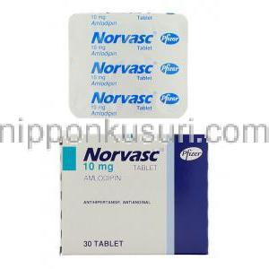 ノルバスク Norvasc, アムロジピン 10mg (ファイザー社) 包装裏面