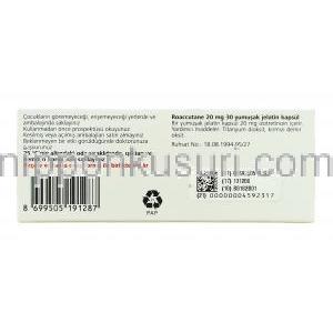 ロアキュテイン Roaccutane 20mg カプセル (Rocheトルコ) 箱裏面
