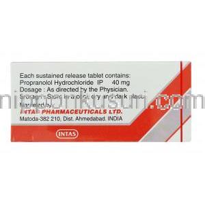 プロバノールSR Provanol-SR, インデラル ジェネリック, プロプラノロール  40mg 錠 (Intas) 箱裏面