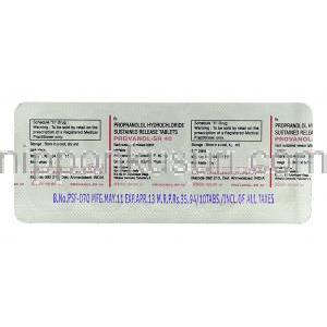 プロバノールSR Provanol-SR, インデラル ジェネリック, プロプラノロール  40mg 錠 (Intas) 包装裏面