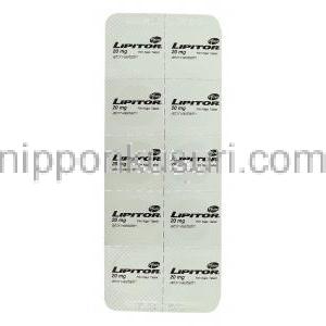 リピトール Lipitor, アトルバスタチンカルシウム 20mg 錠 （ファイザー社） 包装裏面