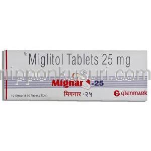 ミグリトール（セイブルジェネリック）, Migar, 25mg 錠 (Glenmark) 箱