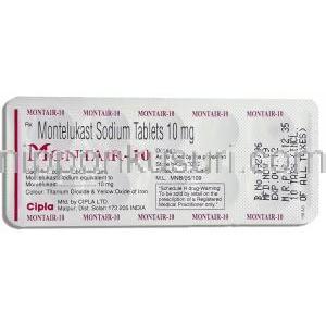 モントエア Montair, シングレア ジェネリック, モンテルカスト10mg 錠 (Cipla) 包装裏面