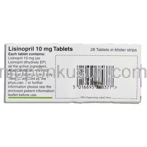 ゼストリル  ジェネリック, リシノプリル Lisinopril  10mg 錠 (Bristol) 箱裏面