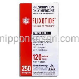 フリゾタイド Flixotide, フルチカゾンプロピオン酸エステル 250mcg 吸入剤 (GSK) 箱