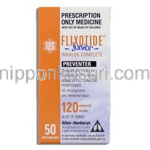 フリゾタイド・ジュジア Flixotide Junior, フルチカゾンプロピオン酸エステル 50mcg 吸入剤 (GSK) 箱