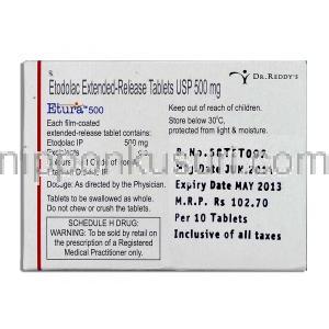 エトドラク （オステラック / ハイペン ジェネリック）,  Etura 500MG 錠 (Dr.Reddy) 成分
