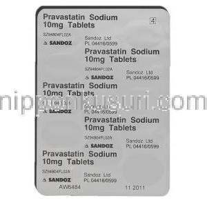 プラバスタチン, メバロチンジェネリック 10mg 錠 (Sandoz) 包装裏面