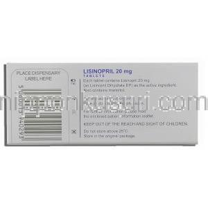 ゼストリル  ジェネリック, リシノプリル Lisinopril  20mg 錠 (Bristol) 箱裏面