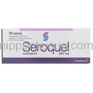 セロクエル Seroquel, クエチアピン フマル酸塩 200mg (Astra Zeneca) 箱