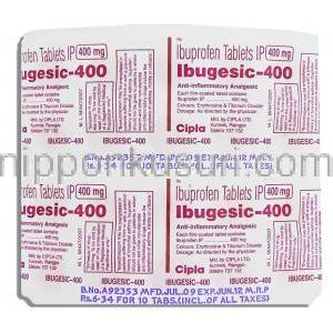 イブジェシック Ibugesic, モトリン ジェネリック, イブプロフェン 400mg 錠 (Cipla) 包装裏面