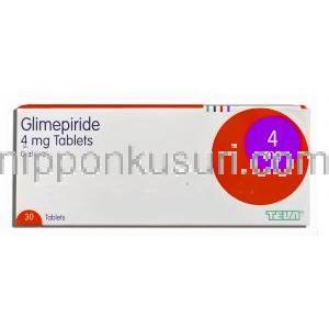 グリメピリド Glimepiride, アマリール ジェネリック 4mg 錠 (Teva) 箱