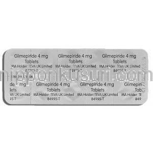 グリメピリド Glimepiride, アマリール ジェネリック 4mg 錠 (Teva) 包装裏面