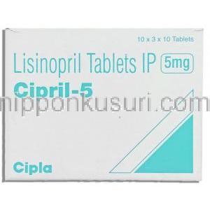 シプリル Cipril, ゼストリル  ジェネリック, リシノプリル Lisinopril  5mg 錠 (Cipla) 箱