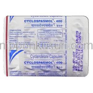 シクランデレート, Cyclospasmol,  400mg カプセル (Elder Pharma) 包装裏面