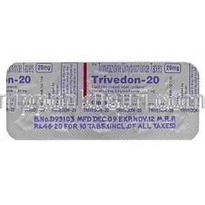 トリメタジジン（バスタレルジェネリック）, Trivedon, 20mg 錠 (Cipla) 包装裏面