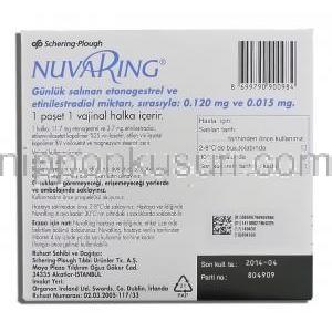 ニュバリング （ヌーバリング） Nuvaring 0.120mg/0.015mg (24hrs) 膣内装着リング (Schering-Plough) 箱裏面