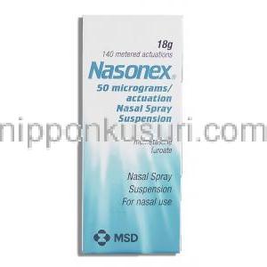 ナゾネックス Nasonex, フランカルボン酸モメタゾン 50mcg 鼻スプレー (MSD) 箱
