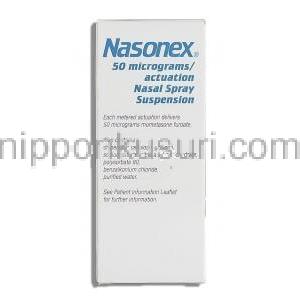 ナゾネックス Nasonex, フランカルボン酸モメタゾン 50mcg 鼻スプレー (MSD) 箱側面