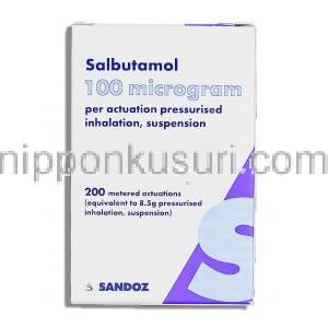 サルブタモール 100mcg 200md 圧縮吸入剤 (Sandoz)  箱