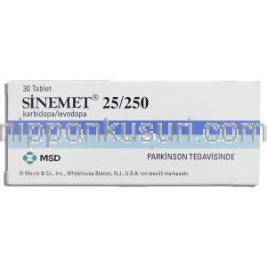 シネメット Sinemet, レボドパ・カルビドパ配合 250mg / 25mg 錠 (MSD) 箱