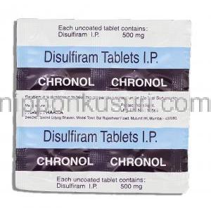 クロノル Chronol, ノックビン原末, ジスルフィラム 500mg 錠 (Pravin Pharma) 包装