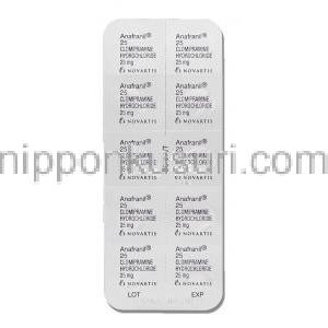 アナフラニール Anafranil, クロミプラミン 25mg 錠 （ノバルティ社） 包装裏面