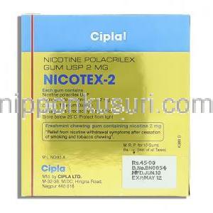 ニコテックス Nicotex, ニコチン 2mg ニコチン代替療法用ガム (Cipla) 箱裏面