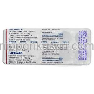 アセクロフェナク, Hifenac, 100mg 錠 (Intas) 包装裏面