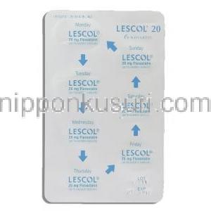 レスコール Lescol, ローコール ジェネリック, フルバスタチン 20mg (Novartis) 包装裏面