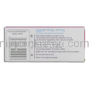 リソレティック Lisoretic, リシノプリル・ヒドロクロロチアジド配合 10mg/12.5mg 錠 (Bristol) 箱裏面