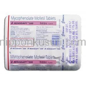 レノダプト Renodapt, セルセプト ジェネリック, ミコフェノール酸モフェチル 500mg (Biocon) 包装裏面